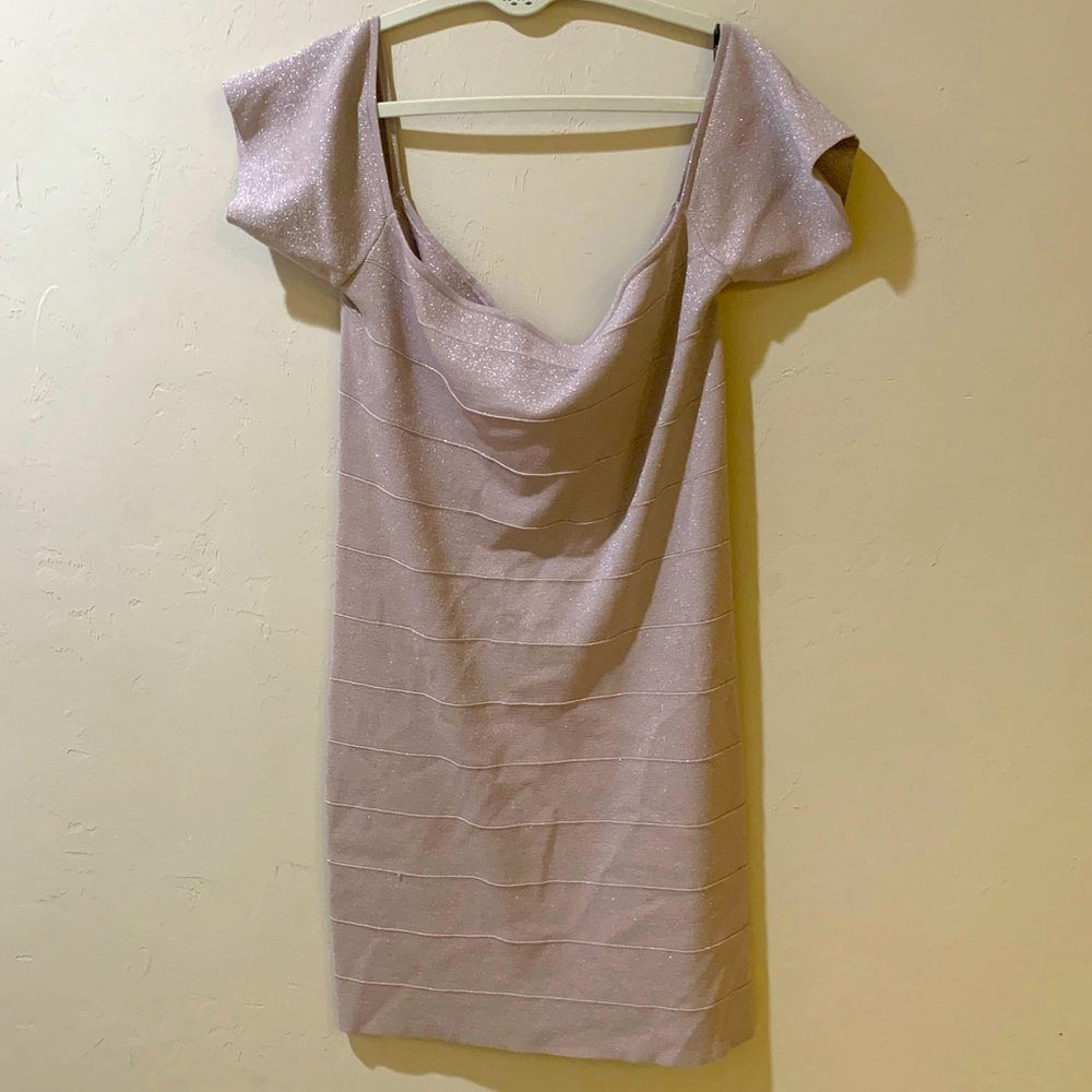 Metallic cream/pink off the shoulder mini dress.